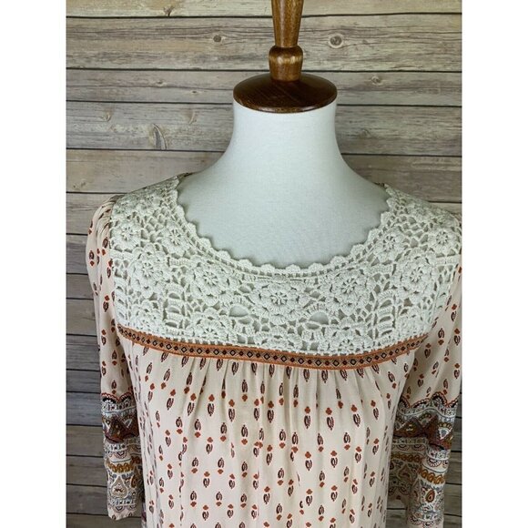 Umgee Small Peasant Top Lace Crocheted Neckline Boho 3/4 Sleeve Prairie Hippie - Picture 2 of 10